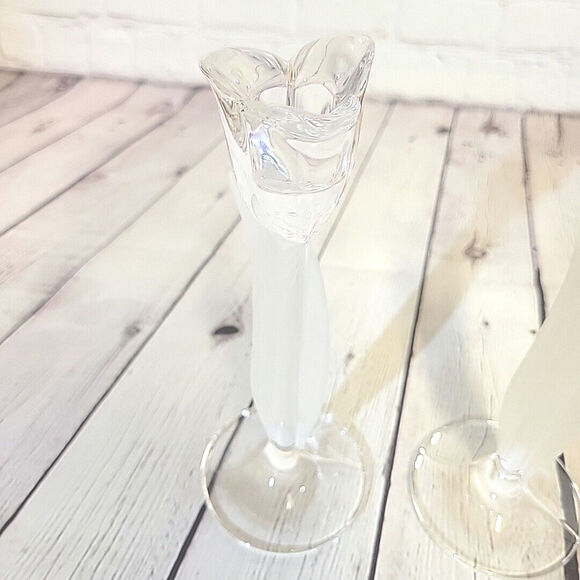 Stem Rose Petal Candle Holders Pair Clear Glass Frosted - Picture 2 of 3